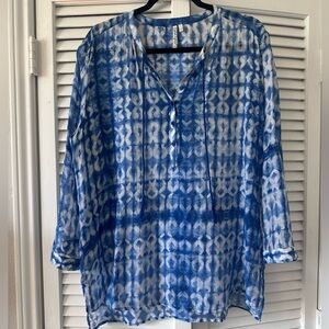 Grand & Greene Size Large Tie Dyed Style Sheer Tunic Navy Blue & White
